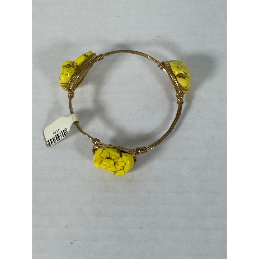 Gold Tone Wire Wrapped Bangle Bracelet with Yellow Turquoise Stone Beads - Picture 3 of 5